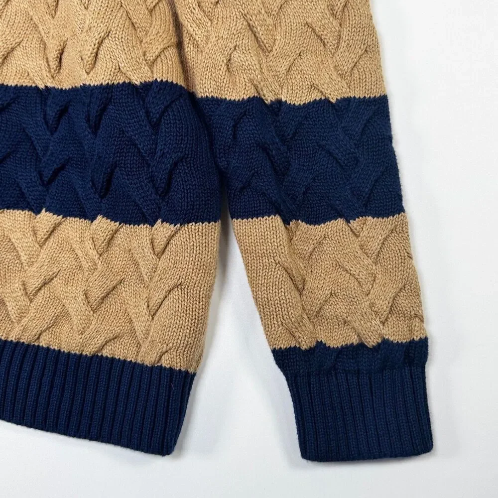 Lands End Women Drifter Sweater Medium Blue Tan Stripe Braided Cable Knit Preppy